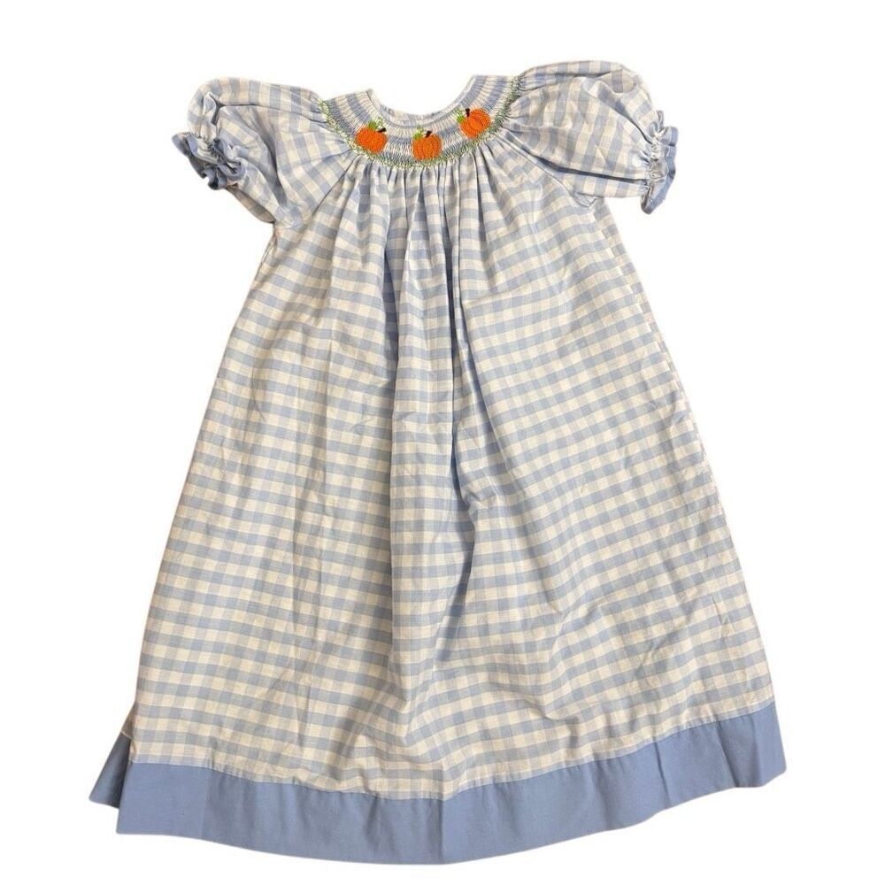Southern Sunshine Blue White Gingham Smocked Dress Pumpkin Embroidery Size 7